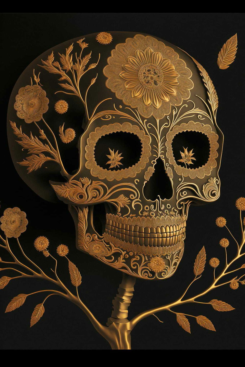 Midjourney prompt for Dia De Los Muertos skull art, floral designs, intricate details, digital illustration techniques.
