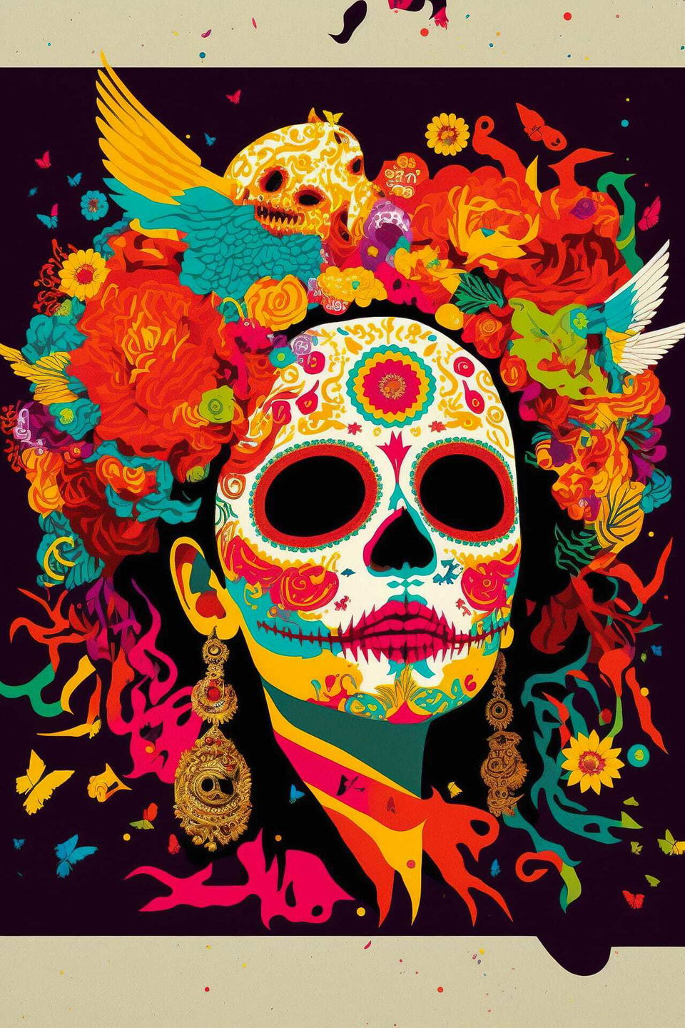 Colorful Day of the Dead illustration featuring skull motifs and floral designs, inspired by Midjourney prompt techniques.