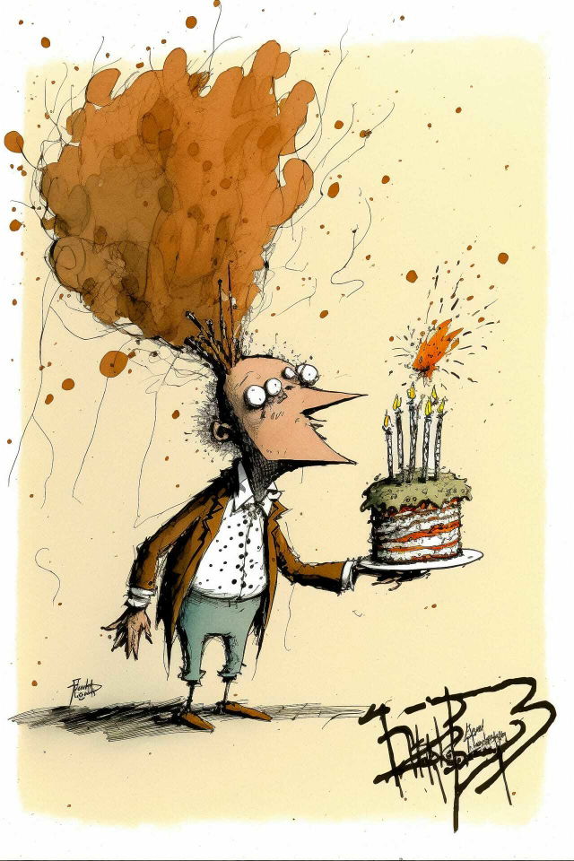 Birthday postcard illustration by Ralph Steadman featuring character with cake and candles, Midjourney prompt customization.