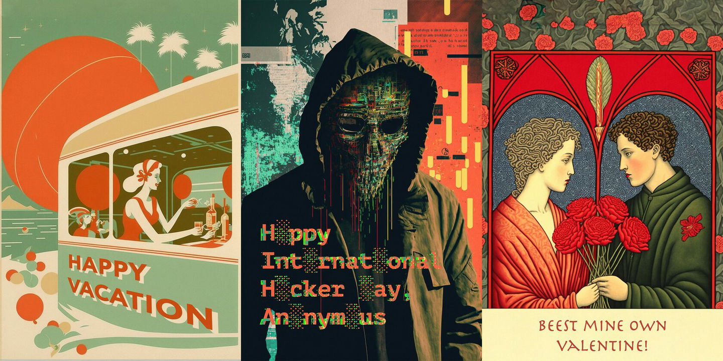 Three vintage postcards: retro travel poster, hooded hacker collage, and ornate Valentine card