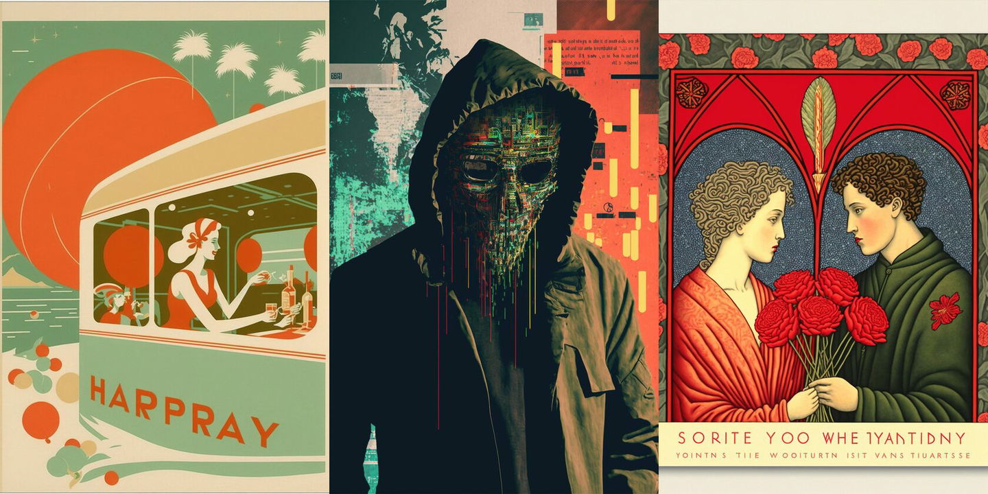 Three vintage-style poster panels: a diner, hooded figure, and romantic couple in bold colors