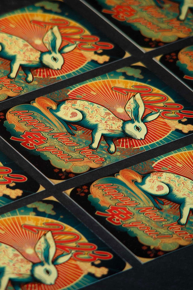 Midjourney prompt for New Year postcard featuring rabbit design, vibrant colors, and artistic elements.