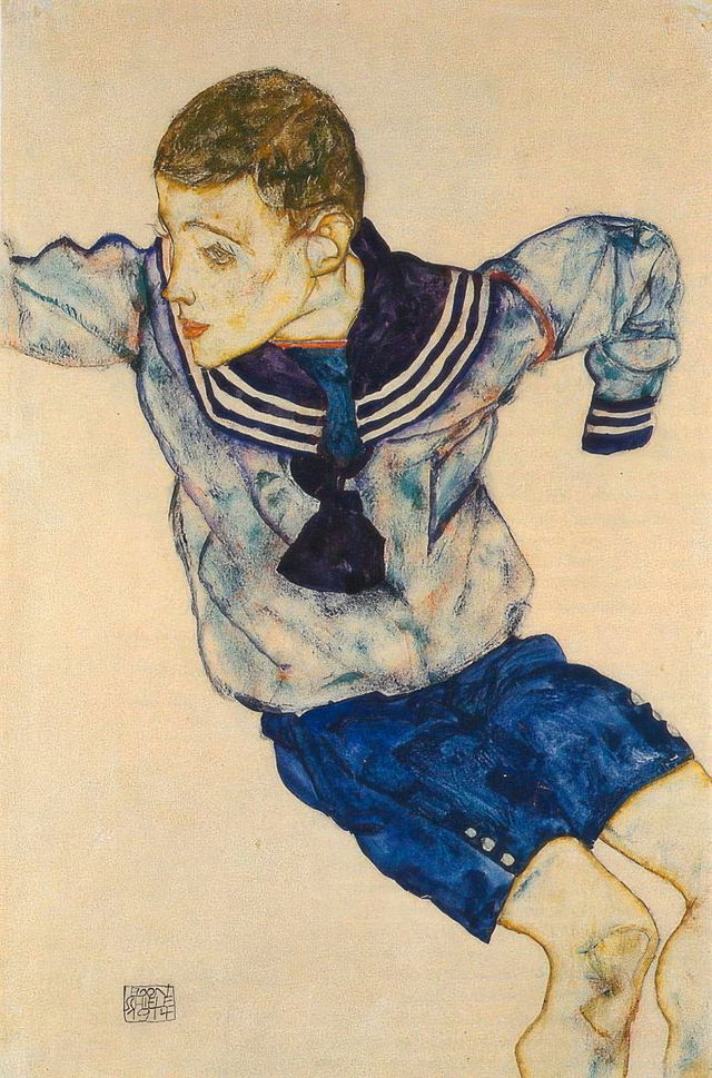 Egon Schiele's Boy In A Sailor Suit (1913) showcasing prompt engineering in Midjourney, emphasizing emotional portraits and figurative distortions.