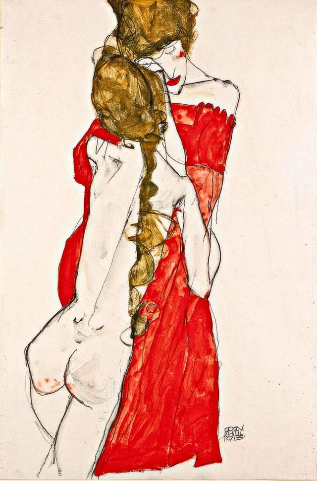 Midjourney prompt engineering for Egon Schiele's Mother And Daughter (1913), emphasizing emotional portraits and figurative distortions.