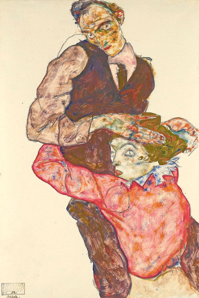 Egon Schiele's Self-portrait with Wally, showcasing emotional portraits, figurative distortions, prompt engineering in Midjourney.