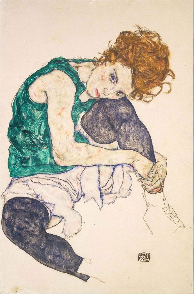 Egon Schiele's Seated Woman with Bent Knee (1917) analyzed in Midjourney for prompt engineering, emotional portraits, figurative distortions, pastel tones.