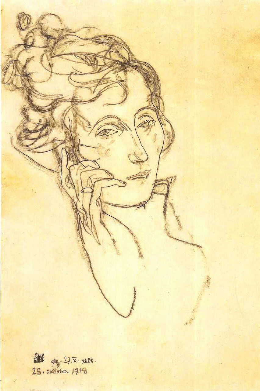 Egon Schiele's sketch of Edith Schiele, emotional portrait, prompt engineering in Midjourney for figurative distortions, pastel tones.