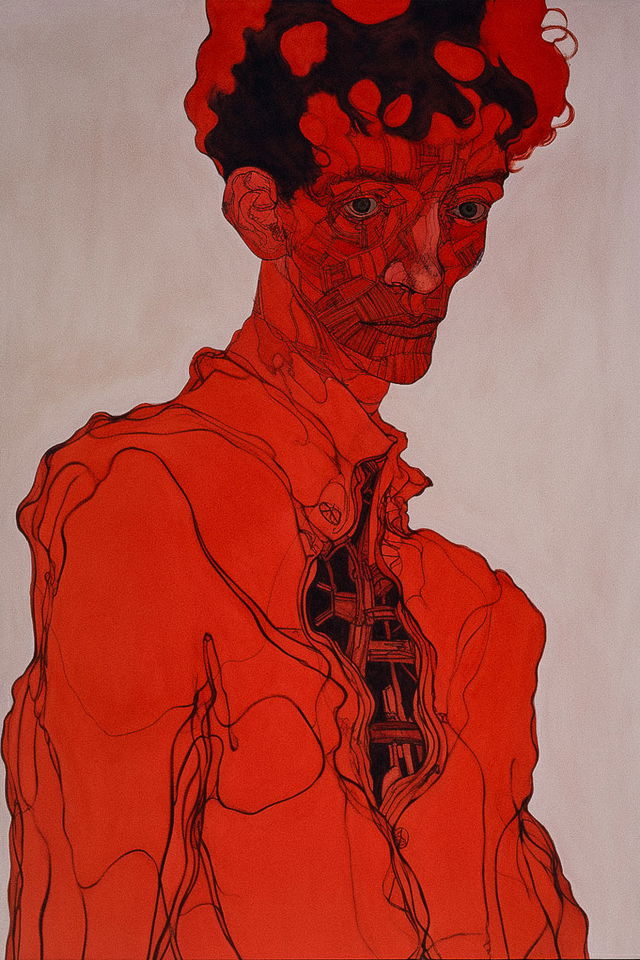 Egon Schiele's artwork showcasing emotional portraits, figurative distortions, prompt engineering in Midjourney, niji 5 style.