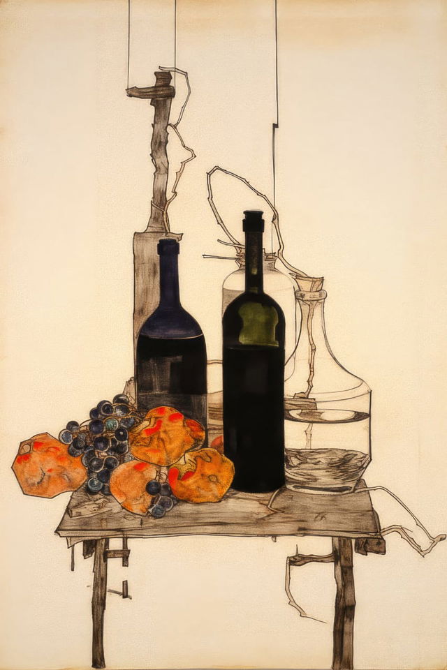 Egon Schiele still life drawing featuring bottles and fruit, Midjourney prompt --stylize 55 --v 5.2 --style raw.
