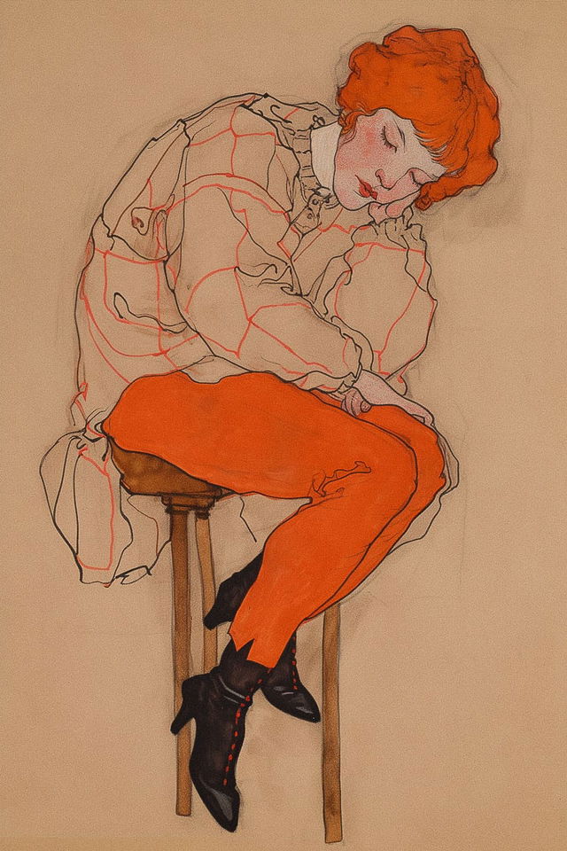 Egon Schiele woman's figure, prompt engineering in Midjourney, emotional portraits, figurative distortions, vibrant colors, unique style.