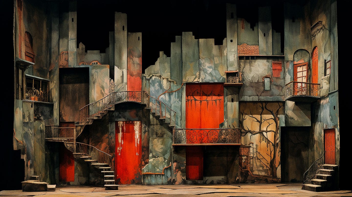 Scenography inspired by Egon Schiele, featuring abstract architecture, muted colors, and emotional depth. Midjourney prompt enhances artistic representation.