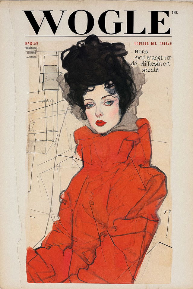 Vogue magazine cover illustrated by Egon Schiele, showcasing prompt engineering in Midjourney, featuring emotional portraits and figurative distortions.