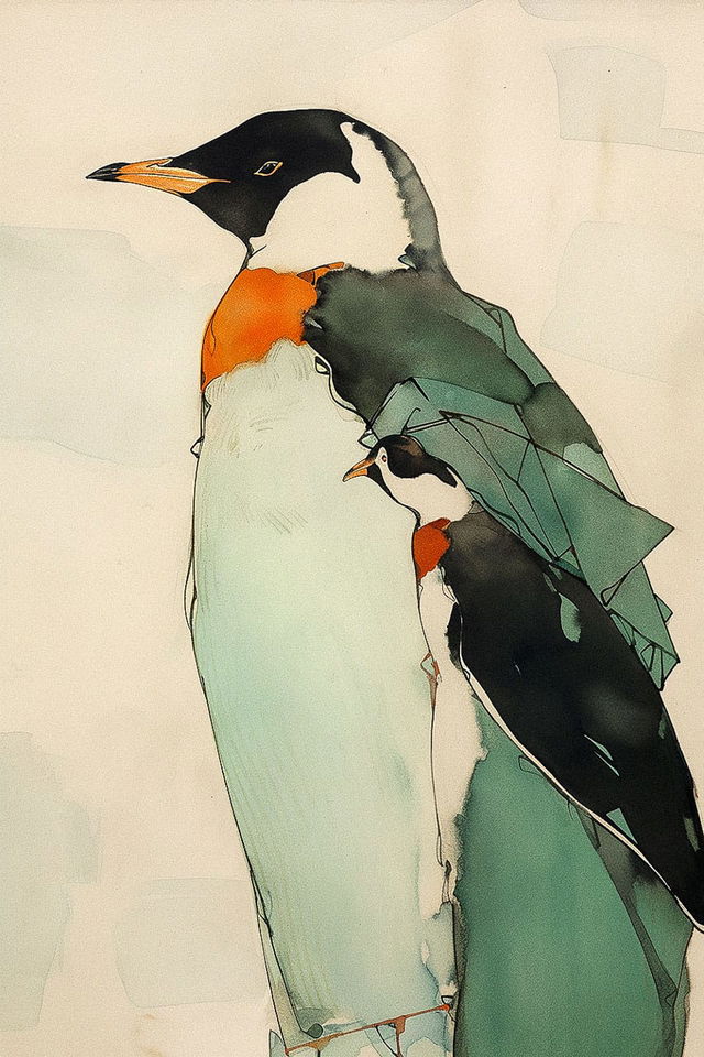Penguin illustration inspired by Egon Schiele, showcasing prompt engineering techniques in Midjourney for emotional depth and unique art style.