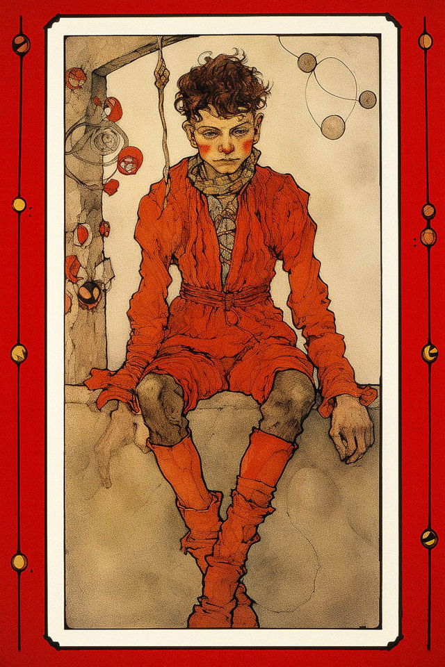 Egon Schiele's The Fool tarot card, showcasing prompt engineering in Midjourney for emotional portraits and figurative distortions.