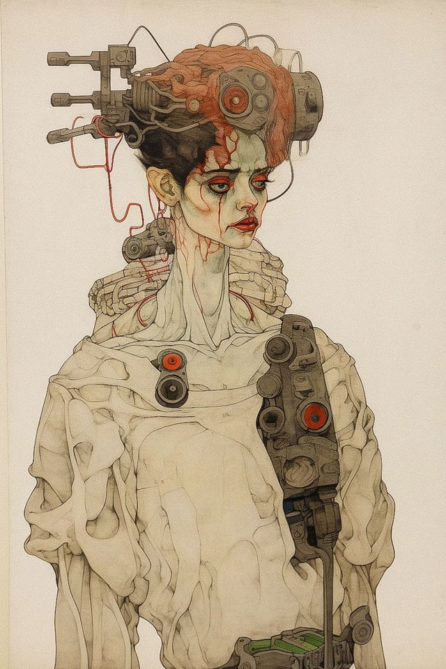 Egon Schiele-inspired character design in Midjourney, showcasing prompt engineering for emotional depth and figurative distortions. --v 5.2 --style raw