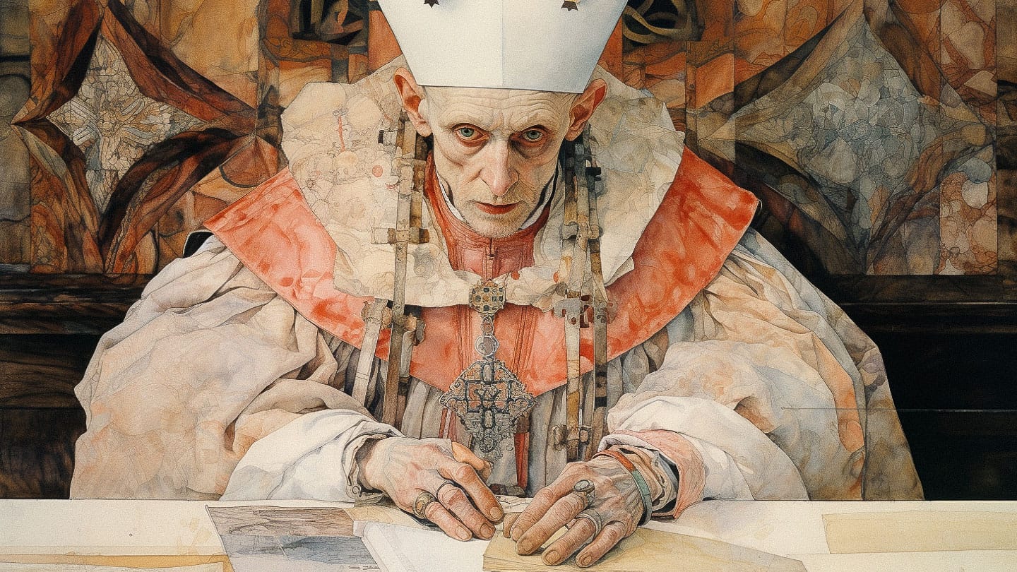 Midjourney prompt illustrating Egon Schiele's style, depicting medieval archbishop with emotional depth, sharp shapes, muted colors, and figurative distortions.