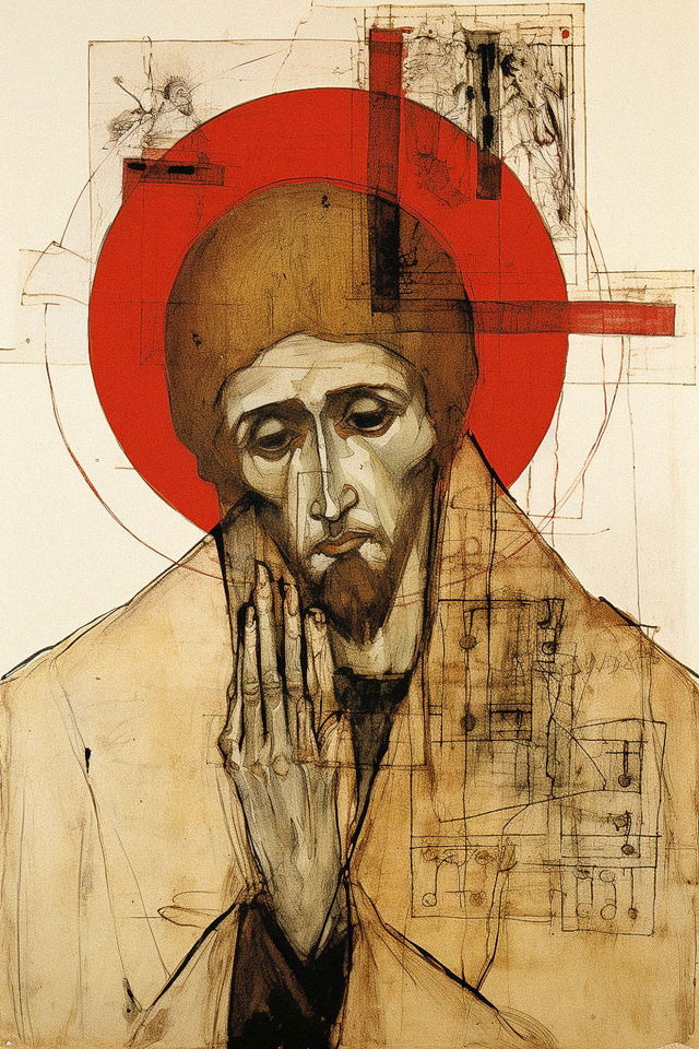 Egon Schiele's interpretation of Andrei Rublev's Orthodox icon, showcasing prompt engineering in Midjourney for emotional depth and unique style.