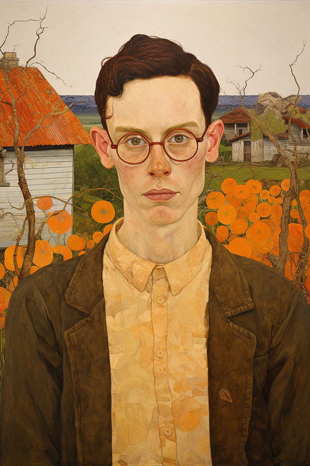 Midjourney prompt blending Grant Wood and Egon Schiele styles, featuring emotional portrait, figurative distortions, and muted colors.