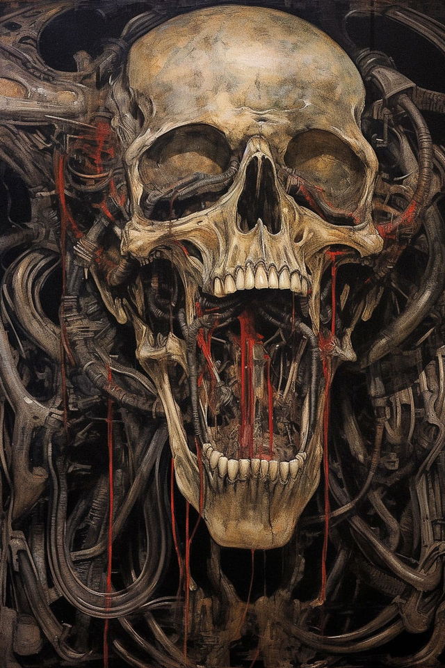 Biomechanical skull creature in earthy tones with red accents, ink texture, Midjourney V5.2