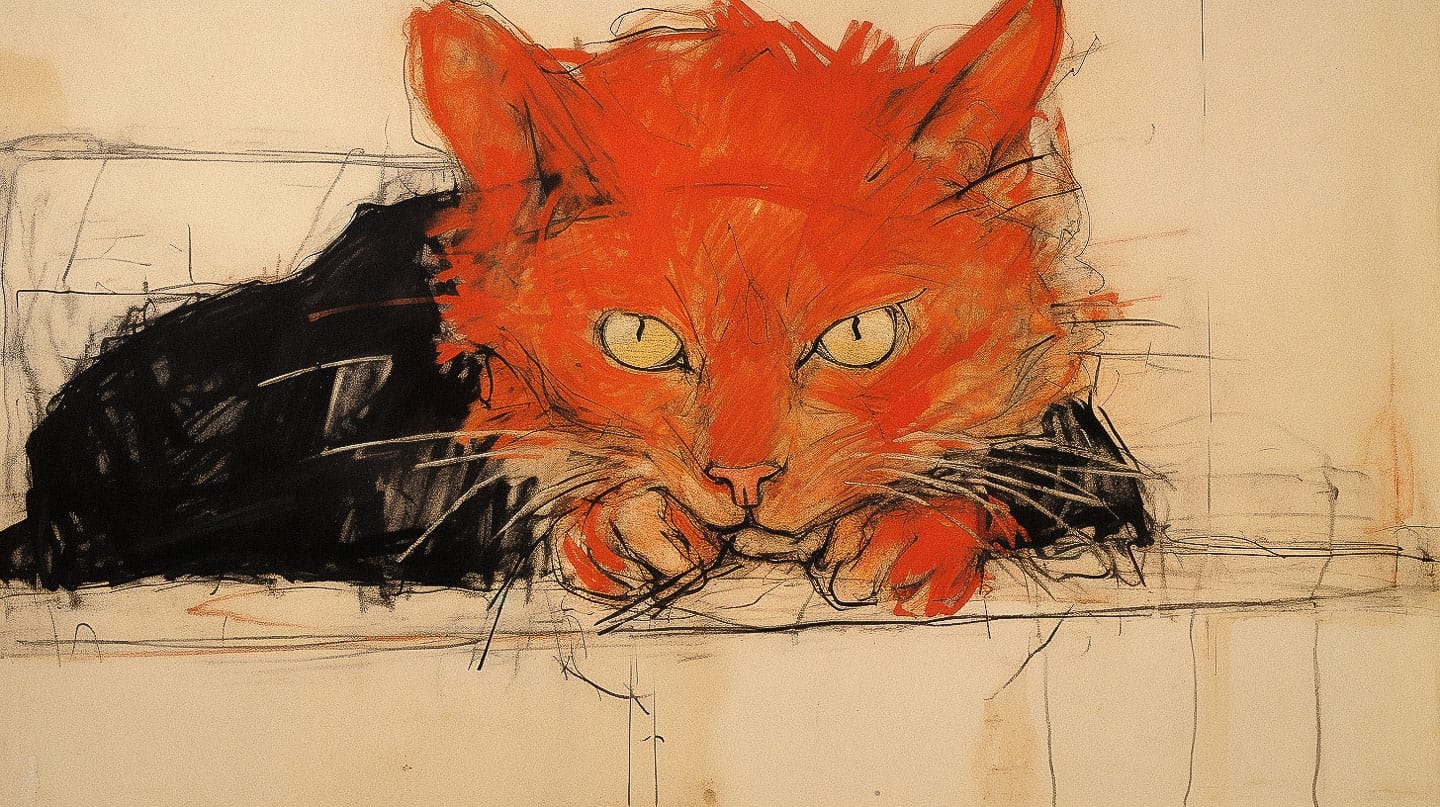 Red cat at night in the style of Egon Schiele, expressive sketching, fiery reds and black, Midjourney V5.2
