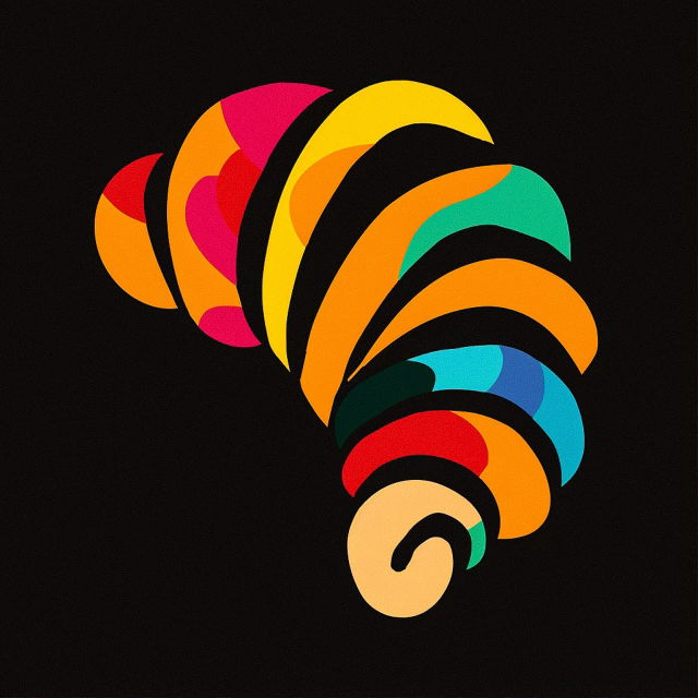Bakery logo shaped like a croissant, in the style of Milton Glaser with bold colorful graphic forms, Midjourney V6
