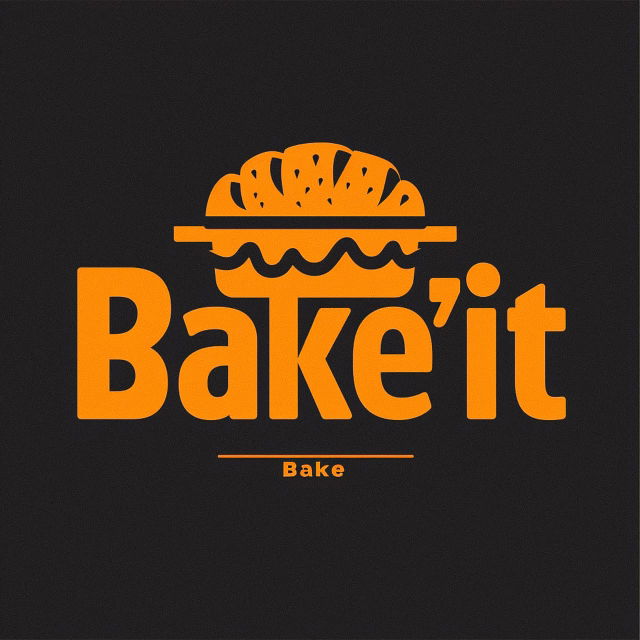 Bake'it bakery logo with pie icon, bold orange lettering on dark background, Midjourney V6
