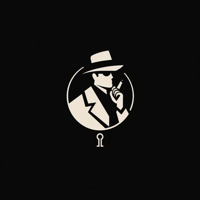 Logo design for private detective network using Midjourney prompt strategies, featuring stylized detective figure.