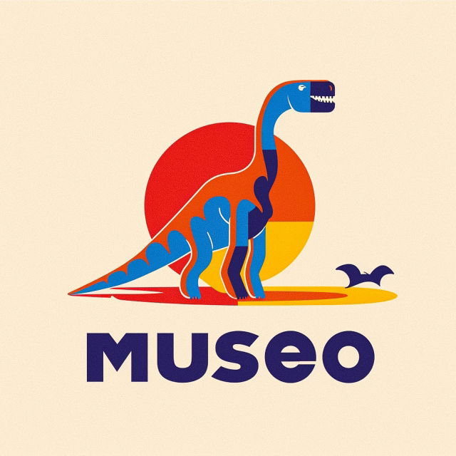 Vibrant minimalistic logotype 'MUSEO' featuring dinosaur illustration, prompt engineering in Midjourney, graphic design techniques, version 6.