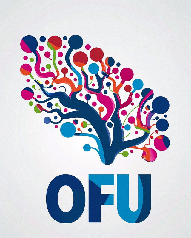 Logo design for Open Future University featuring bold condensed font 'OFU', colorful abstract tree design --stylize 75 --v 6, Midjourney prompt.