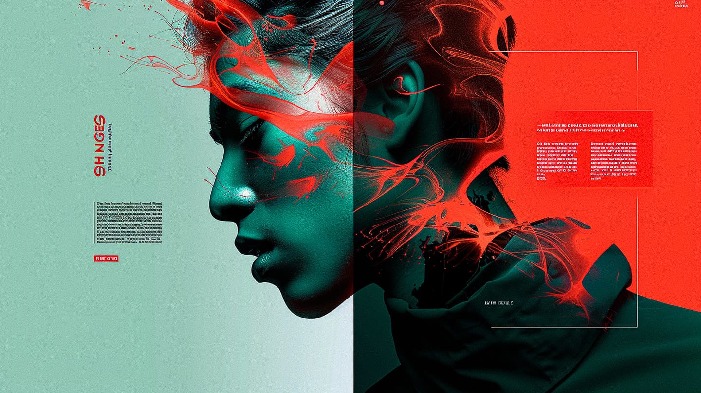Contemporary art magazine layout featuring bold typography, vibrant colors, and abstract design elements. Midjourney prompt for graphic design exploration.