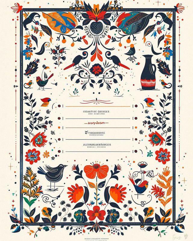 Restaurant menu page featuring folk art-inspired design, vibrant colors, intricate details, Ukrainian cultural heritage -- Midjourney prompt strategies.