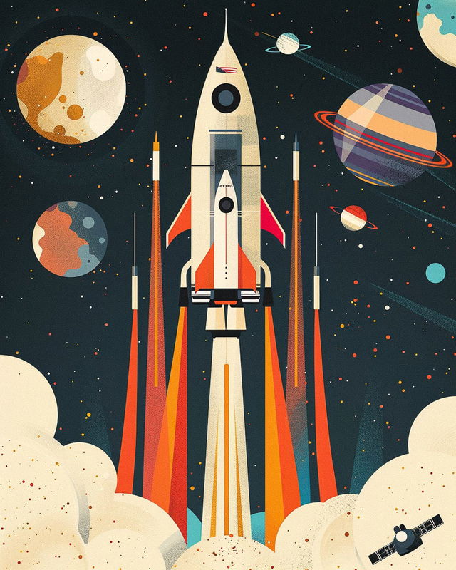 Space travel leaflet design featuring rocket launch, planets, and stars, showcasing Midjourney prompt techniques for graphic design.