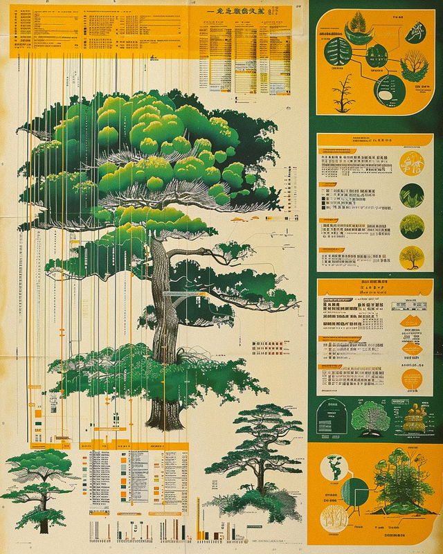 1970s Japanese infographic poster on reforestation data, showcasing Midjourney prompt strategies for graphic design.