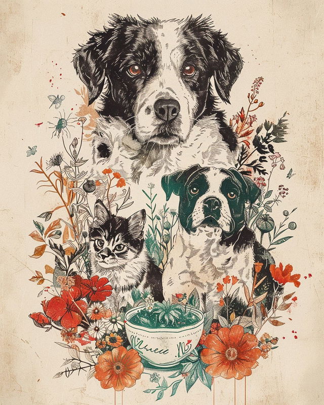 Pet shelter poster design featuring dogs and cat, floral elements, Midjourney prompt techniques, by Anna Maria Garthwaite --v 6.
