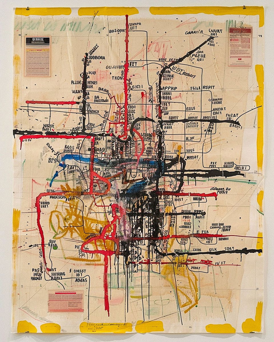 Metro map print by Jean-Michel Basquiat showcasing Midjourney prompt engineering techniques and graphic design applications.