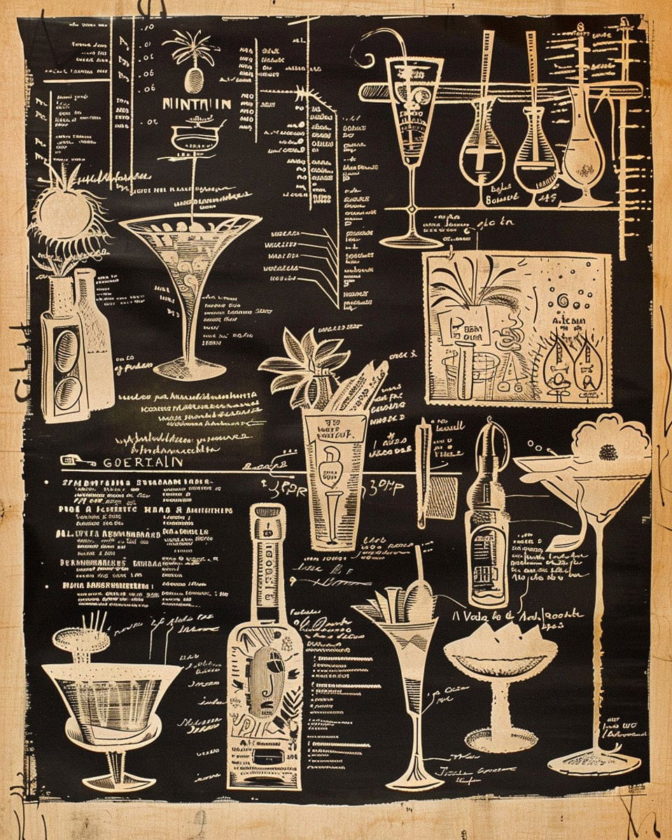 Full-page Scandinavian bar menu illustrated by Pablo Picasso, featuring cocktails, ingredients, prices, Midjourney prompt strategies, graphic design techniques, version 6.