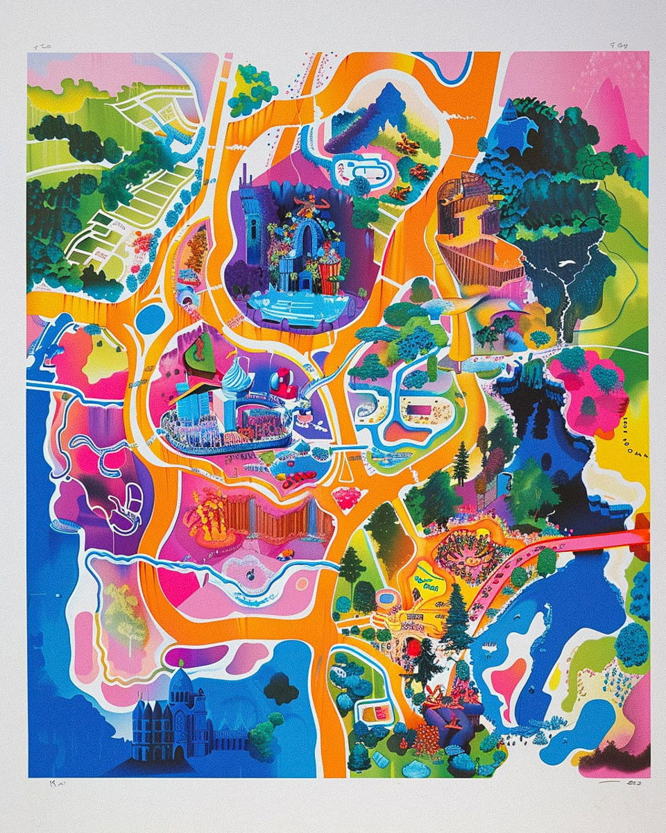 Festival map print by Jeff Koons showcasing vibrant design elements and layout --v 6, utilizing Midjourney prompt strategies for graphic design.