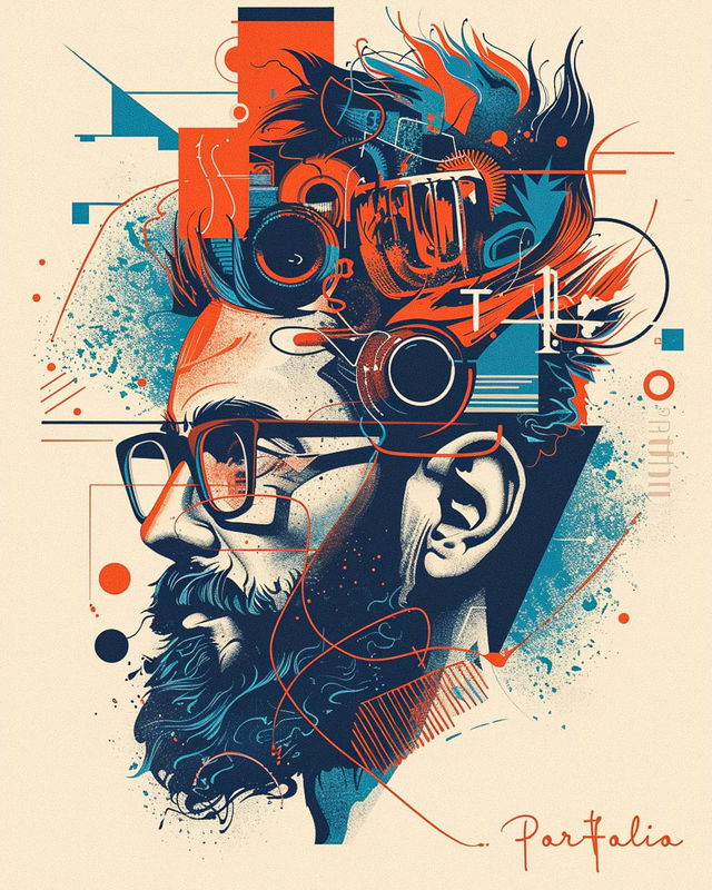 Graphic designer with glasses and headphones, retro screen-print collage in navy, teal, and orange, Midjourney V6