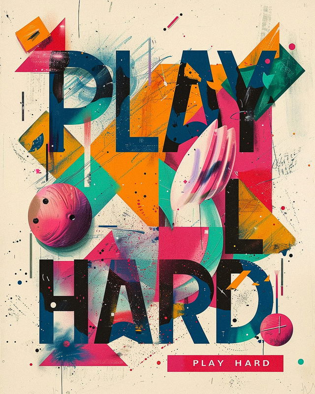 PLAY HARD typography collage in Tadanori Yokoo style, Midjourney V6