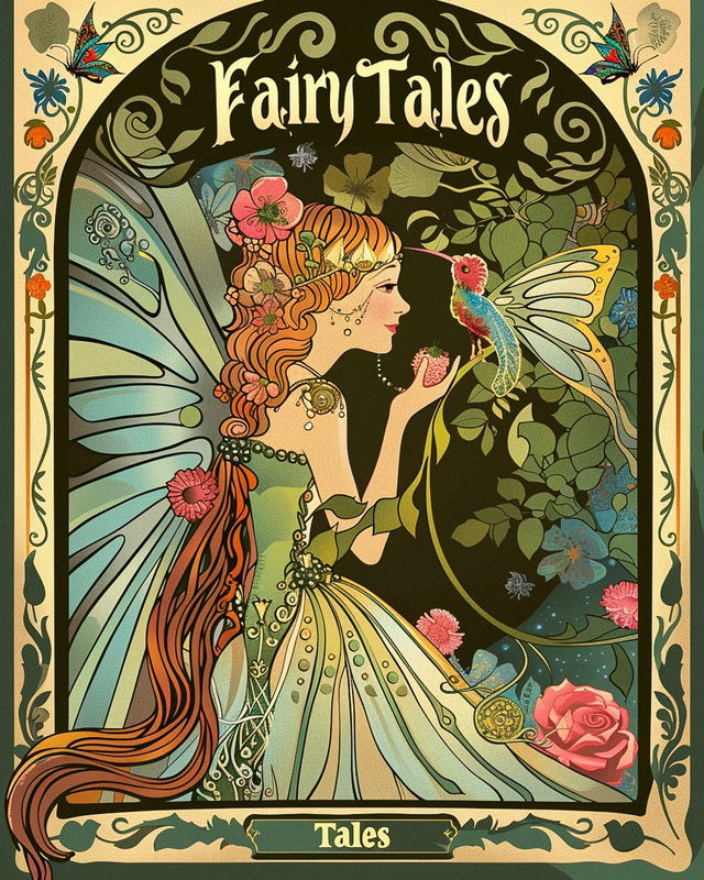 Fairy Tales book cover design in Art Nouveau style, showcasing Midjourney prompt techniques for graphic design.