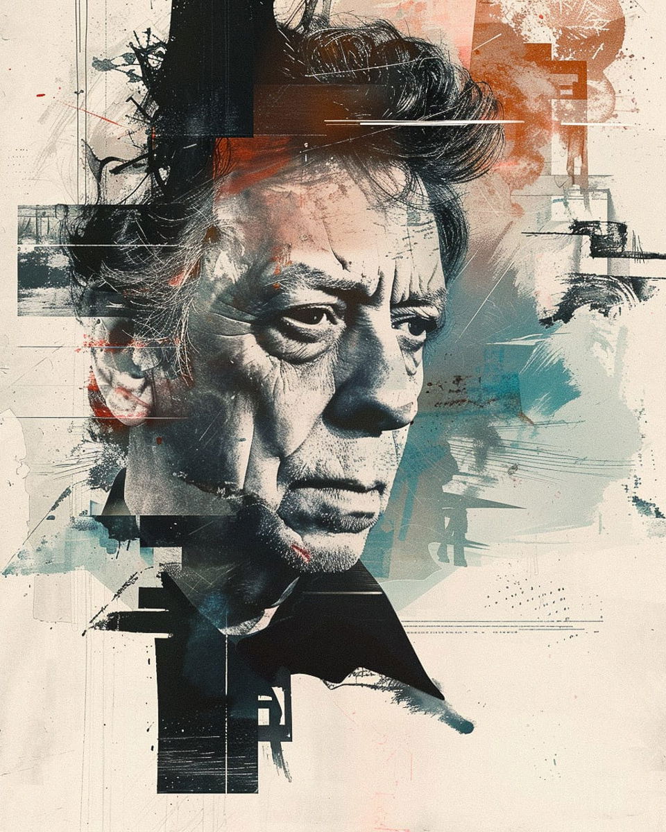 Philip Glass portrait in a distressed collage style with muted teal, rust, black, and cream, Midjourney V6