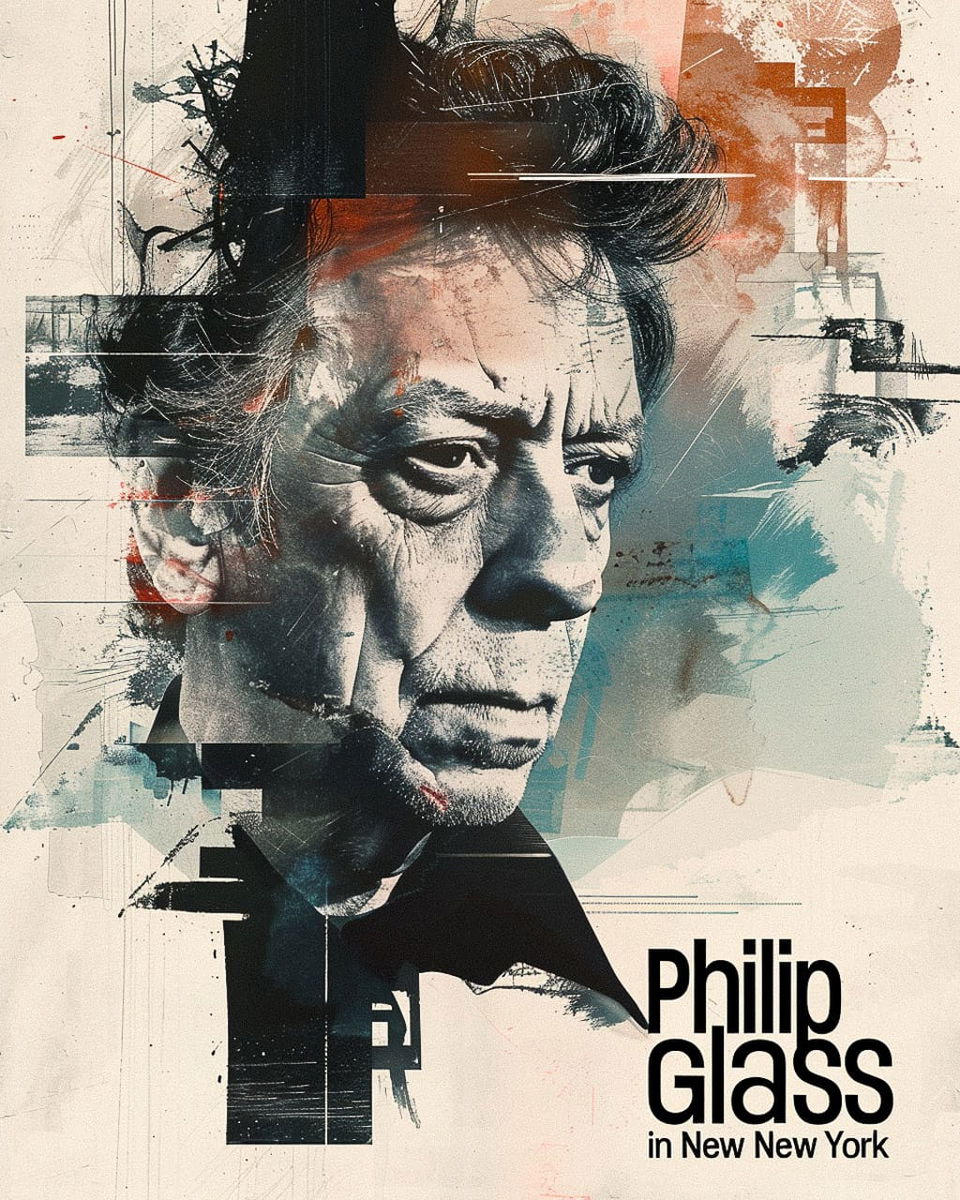 Midjourney prompt for graphic design featuring Philip Glass in New York, showcasing logo design and artistic techniques.