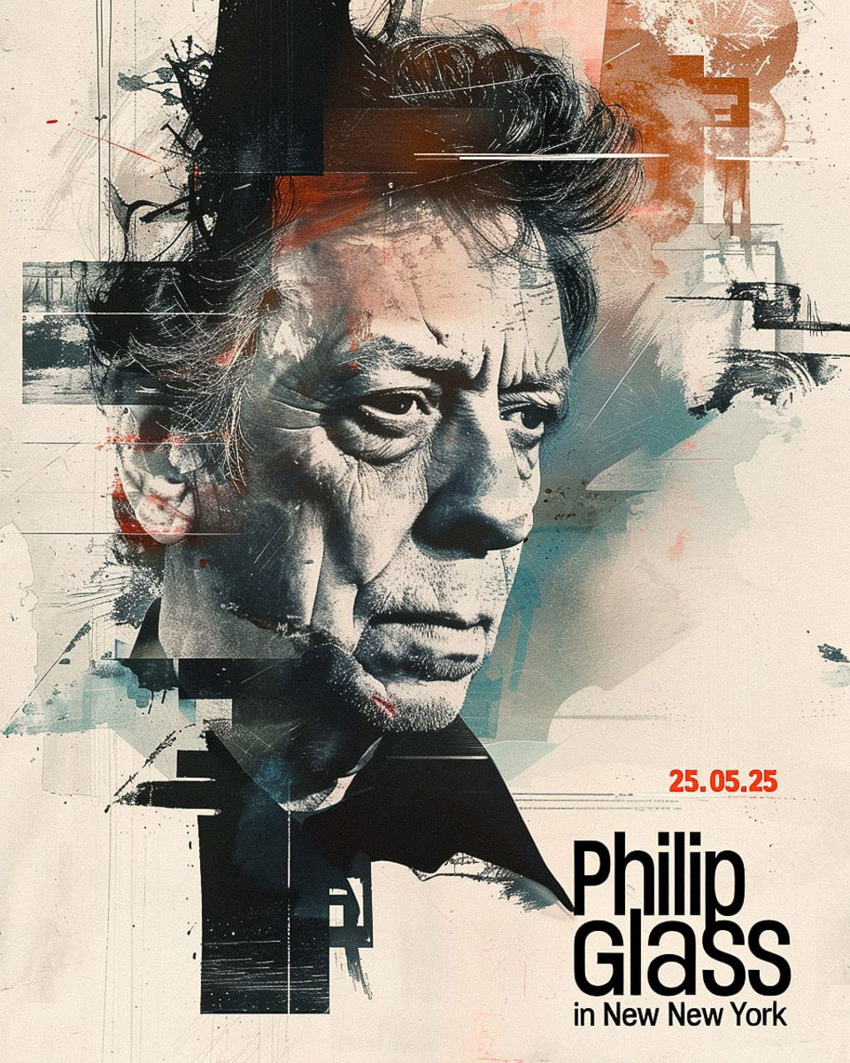 Midjourney prompt for graphic design featuring Philip Glass, stylized portrait with date 25.05.25, artistic elements, version 6.