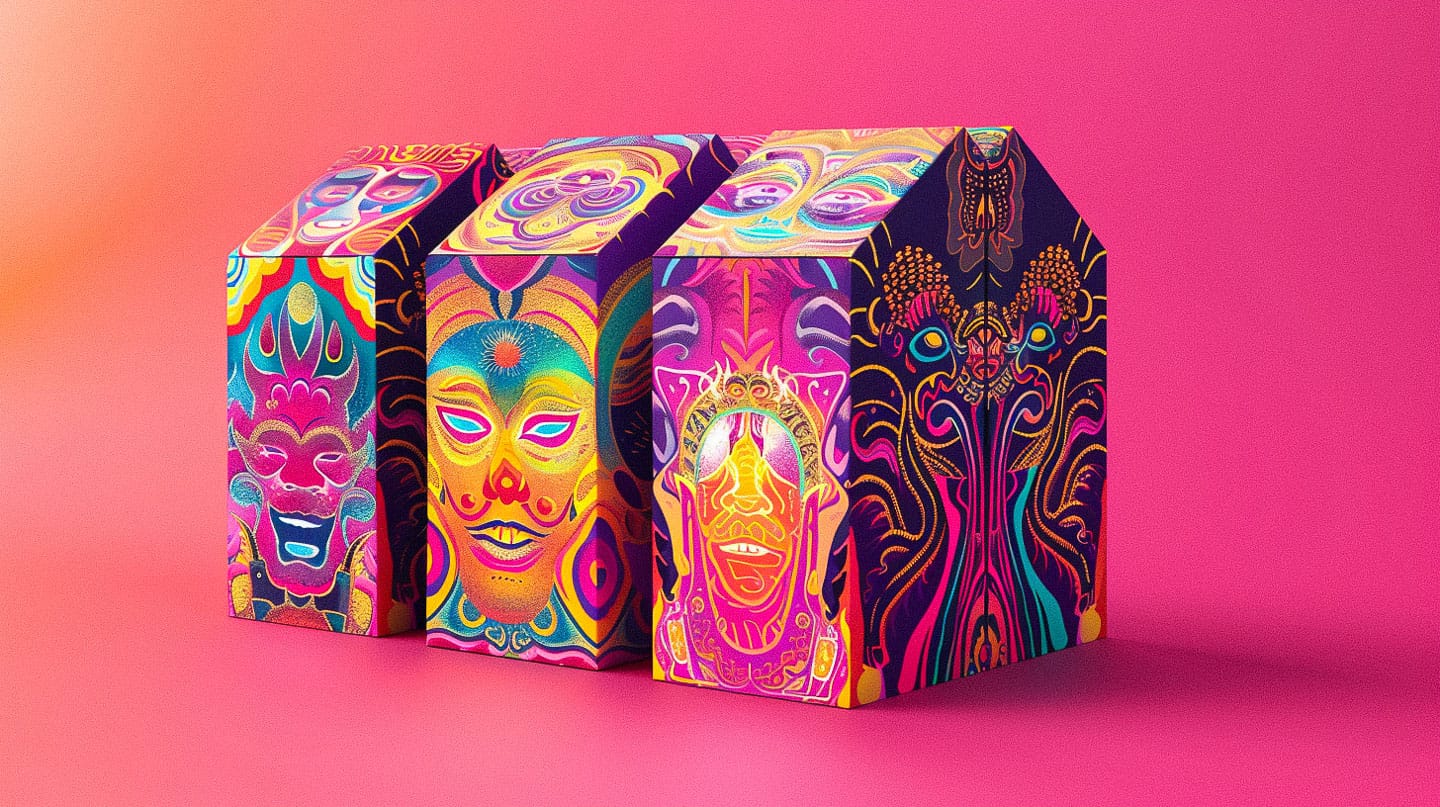 Psychedelic motifs on bright IPA 6-pack box packaging design --v 6, showcasing Midjourney prompt engineering techniques.