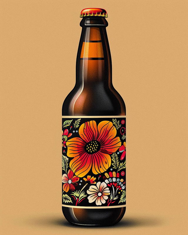 Craft beer bottle with a colorful floral label, bold graphic design, and warm studio lighting, Midjourney V6