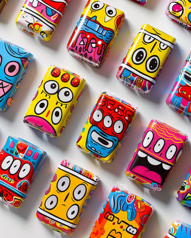 Packaging design for chewing gum blisters with vibrant graphics by John Burgerman, showcasing Midjourney prompt engineering techniques.