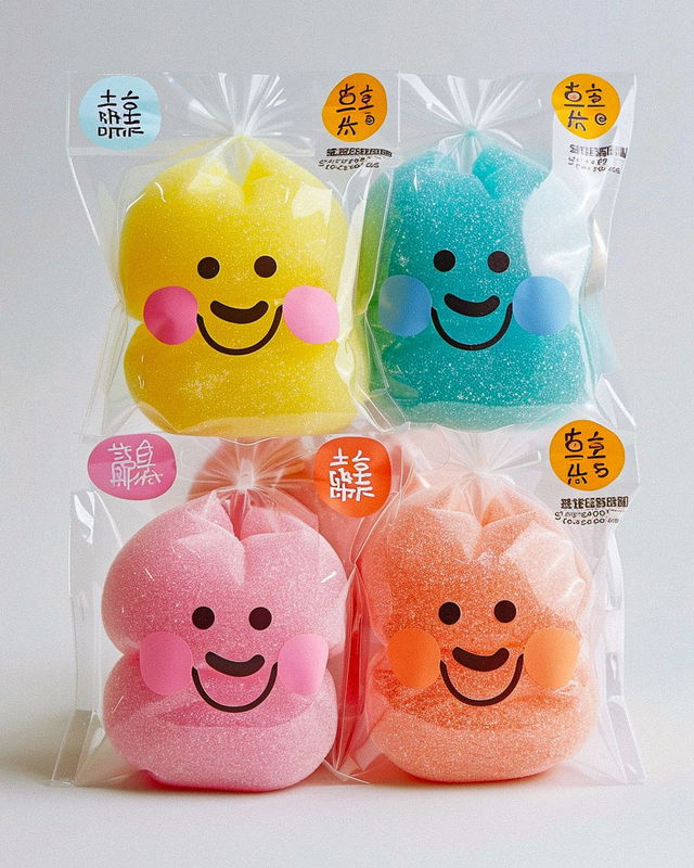Japanese soft sweets in clear packaging, colorful smiling shapes with pastel labels and soft light, Midjourney V6