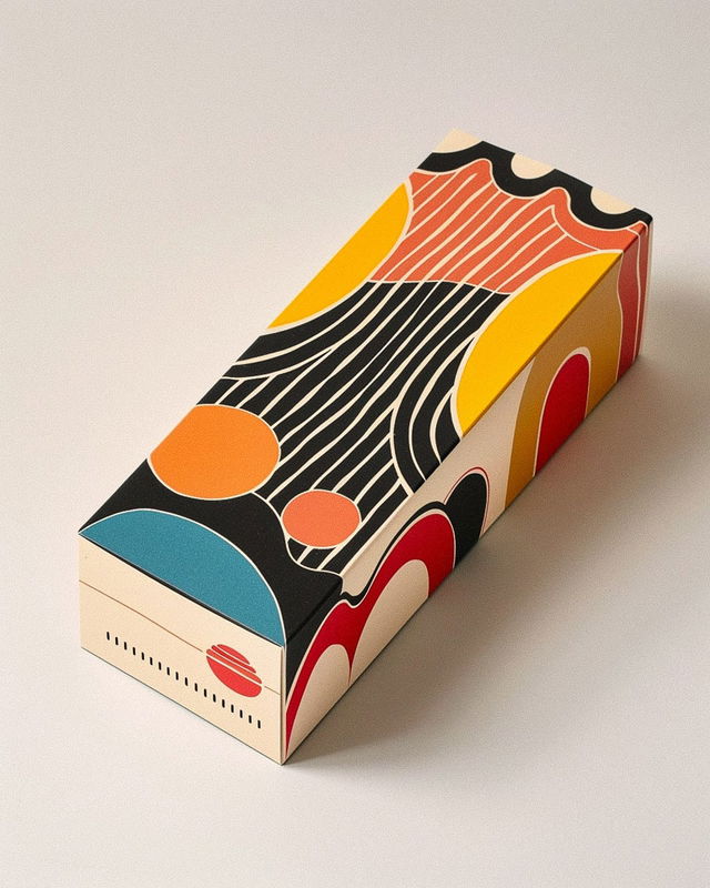 Italian pasta box packaging in the style of Peter Mendelsund, bold geometric shapes and warm colors, Midjourney V6