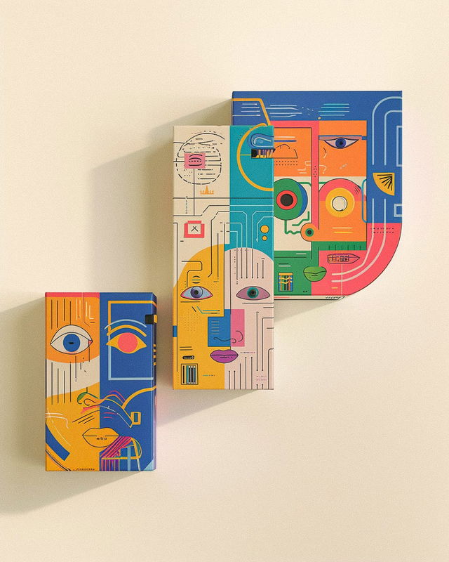Packaging design featuring abstract faces and geometric shapes, showcasing Midjourney prompt techniques for graphic design --v 6.