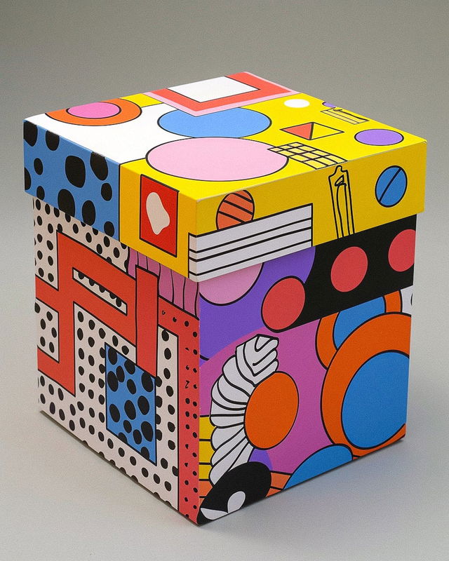 Colorful birthday present box design by Susan Kare using Midjourney prompt techniques for graphic design.